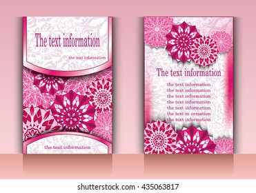 Vector flyer, brochure, cover. A4. Abstract colors, patterns and mandalas. Floral Oriental design flyers mockup template front and back sides. Easy to use and edit. White, pink