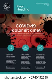 Vector flyer brochure cover template with coronavirus illustration, icons and place for your information - teal red version