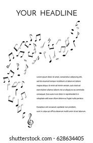 a vector  flyer or brochure template with hand drawn doodle musical notes and a treble clef; perfect for any musical events or a festival; black and white