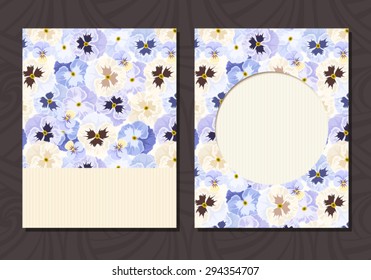 Vector flyer card with blue, white and purple pansy flowers.