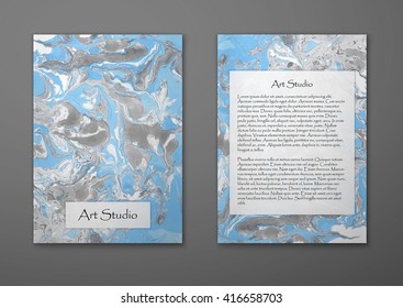 Vector  flyer card with marble texture.  Hand drawn artwork card, paint on water. Abstract colorful background in ebru suminagashi technique. Front page and back page.