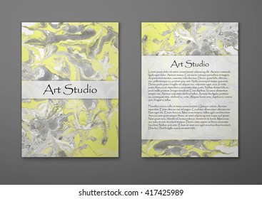 Vector  flyer card with marble texture.  Hand drawn artwork card, paint on water. Abstract colorful background in ebru suminagashi technique. Front page and back page.