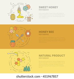 Vector flyer collection with honey related items. Banners with honeycomb, bee, forest and other natural product symbols.