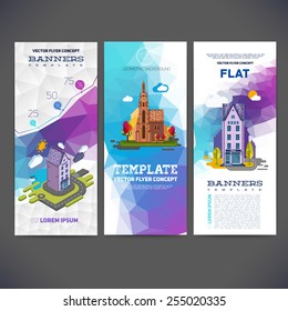 Vector Flyer Concept Banner With Abstract Geometric Background And The Image Of The Landscape With A Hotel And Church. Flat Vector And Isometric For You.