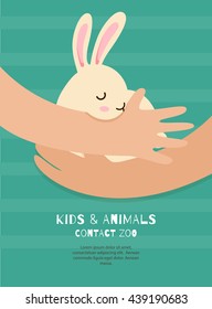 Vector flyer of contact zoo in the flat style. Small white rabbit in the boy hands. Care of animals. Colorful concept perfect for web design, banners, advertising.