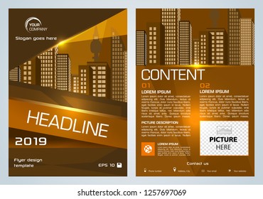 Vector flyer, corporate business, annual report, brochure design and cover presentation with triangle and vector city in gold color