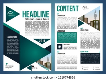 Vector flyer, corporate business, annual report, brochure design and cover presentation with green triangle and city