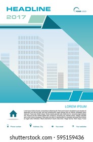 Vector flyer, corporate business, annual report, brochure design and cover presentation with blue rectangle and vector buildings