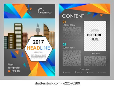 Vector flyer, corporate business, annual report, brochure design and cover presentation with blue and orange triangle. Front and back page