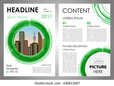 Vector flyer, corporate business, annual report, brochure design and cover presentation with vector city in green circle