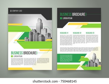 Vector flyer, cover design of the companys annual business report, magazine page, presentation template with green elements and black white buildings. Advertising brochure of the real estate agency