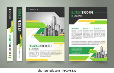 Vector flyer, cover design of the companys annual business report, magazine page, presentation template with green elements and black white buildings. Advertising brochure of the real estate agency