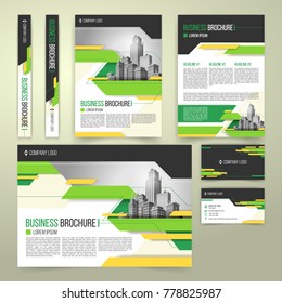 Vector flyer, cover design of the companys annual business report, business card, presentation template with green elements and black white buildings. Advertising brochure, flyer of real estate agency
