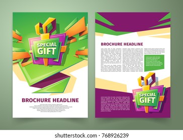 Vector flyer, cover, power point presentation template, magazine page, in cartoon style with green and purple elements. Advertising brochure to stimulate sales