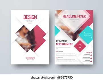 Vector flyer design with rhombuses for photos. Template of a modern brochure for business and advertising. Blurred photo for the sample.