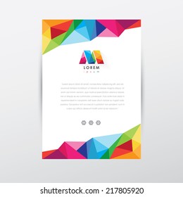 Vector Flyer Design Template, Letterhead With Colorful Low Poly Art Style Details And Company Logo
