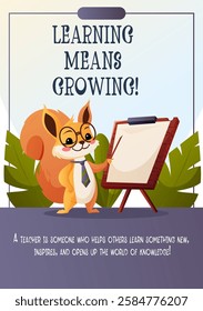 Vector flyer featuring an adorable cartoon squirrel teacher wearing glasses and a tie, teaching at a board. Perfect for educational materials.  
