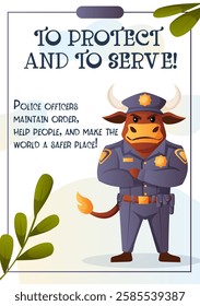 Vector flyer featuring a bull police officer in uniform. A symbol of order, protection, and security. Ideal for law enforcement, education, and motivation.  
