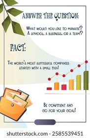 A vector flyer featuring a graph and documents, encouraging leadership and management skills. Includes a fact about successful companies starting from small ideas.  
