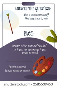 A vector flyer featuring a paintbrush and color palette, promoting artistic expression. Includes a fact about Leonardo da Vinci and the Mona Lisa.  
