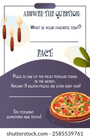 A vector flyer featuring a pizza, highlighting the popularity of food and cooking. Includes a fact about pizza being one of the most consumed dishes worldwide.  
