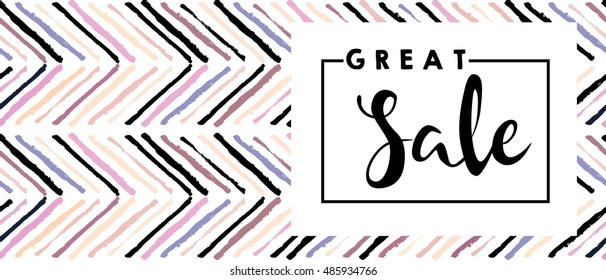 Vector flyer for great sale. Square text template including lettering on white background. Chevron modern brush spot in trendy pastel colors. Use for business fashion promotion. 