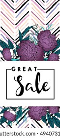 Vector flyer for great sale. Square text template. Purple peonies and chevron modern brush spot in trendy pastel colors. Use for business fashion promotion. 