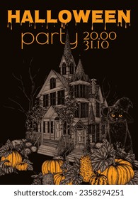 Vector flyer for Halloween. Black cat in a pumpkin garden against the backdrop of a haunted castle in the style of engraving