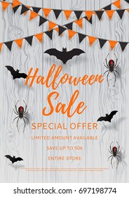 Vector flyer for halloween sale. Vector illustration with black paper bats and spiders. Beautiful poster with festive orange and black garland on wooden texture. Special seasonal offer.