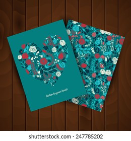 Vector flyer with illustration of beautiful hand drawn flowers and plants. The best for Valentines's Day, Wedding and Birthday design. Includes wooden floor background.