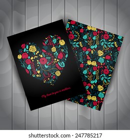 Vector flyer with illustration of beautiful hand drawn flowers and plants. The best for Valentines's Day, Wedding and Birthday design. Includes wooden floor background.