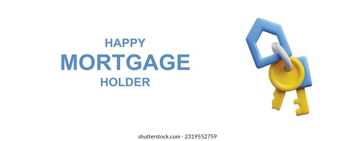 Vector flyer illustration with keys with blue keychain, pendant in the form of house on white background. 3d rendering design for rent housing banner template, web page. Happy mortgage holder.