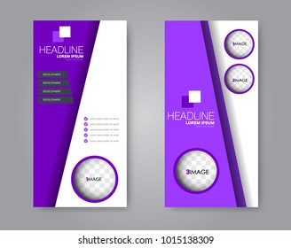 Vector flyer and leaflet design. Set of two side brochure templates. Vertical banners. Purple color.