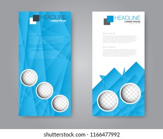 Vector flyer and leaflet design. Set of two side brochure templates. Vertical banners. Blue color.