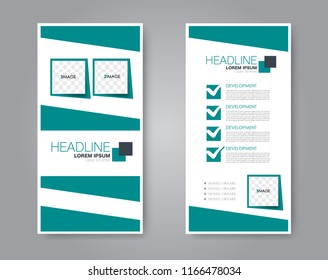 Vector flyer and leaflet design. Set of two side brochure templates. Vertical banners. Green color.