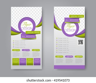 Vector flyer and leaflet design. Set of two side brochure templates. Green and purple color.