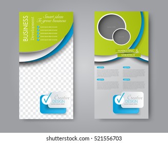 Vector flyer and leaflet design. Set of two side brochure templates. Vertical banners. Blue and green color