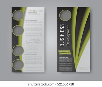 Vector flyer and leaflet design. Set of two side brochure templates. Vertical banners. Green and black color.