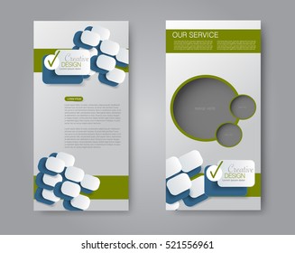 Vector flyer and leaflet design. Set of two side brochure templates. Vertical banners. Blue and green color.