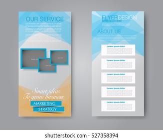 Vector flyer and leaflet design. Set of two side brochure templates. Vertical banners. Blue and orange color.
