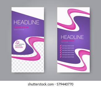 Vector flyer and leaflet design. Set of two side brochure templates. Vertical banners. Purple and pink color. Vector illustration.