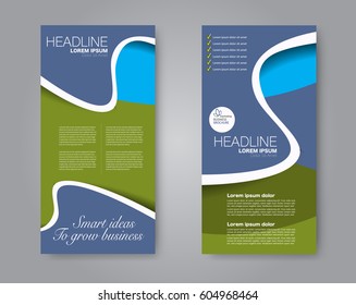 Vector flyer and leaflet design. Set of two side brochure templates. Vertical banners. Blue and green color. Vector illustration.