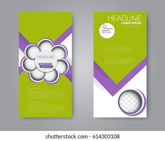 Vector flyer and leaflet design. Set of two side brochure templates. Vertical banners. Green and purple color. Vector illustration.
