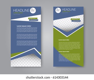 Vector flyer and leaflet design. Set of two side brochure templates. Vertical banners. Green and blue color. Vector illustration.