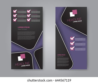 Vector flyer and leaflet design. Set of two side brochure templates. Vertical banners.  Black and purple color. Vector illustration.