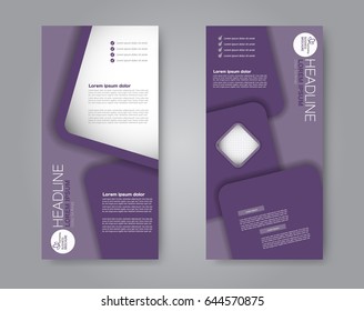 Vector flyer and leaflet design. Set of two side brochure templates. Vertical banners.  Purple color. Vector illustration.