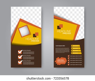 Vector flyer and leaflet design. Set of two side brochure templates. Vertical banners.  Brown and orange color.