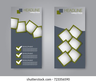 Vector flyer and leaflet design. Set of two side brochure templates. Vertical banners.  Green and grey color.