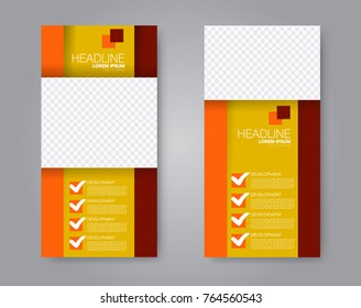 Vector flyer and leaflet design. Set of two side brochure templates. Vertical banners.  Orange and red color.