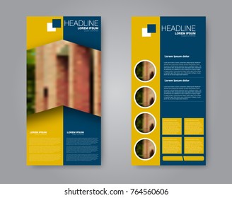 Vector flyer and leaflet design. Set of two side brochure templates. Vertical banners.  Yellow and blue color.